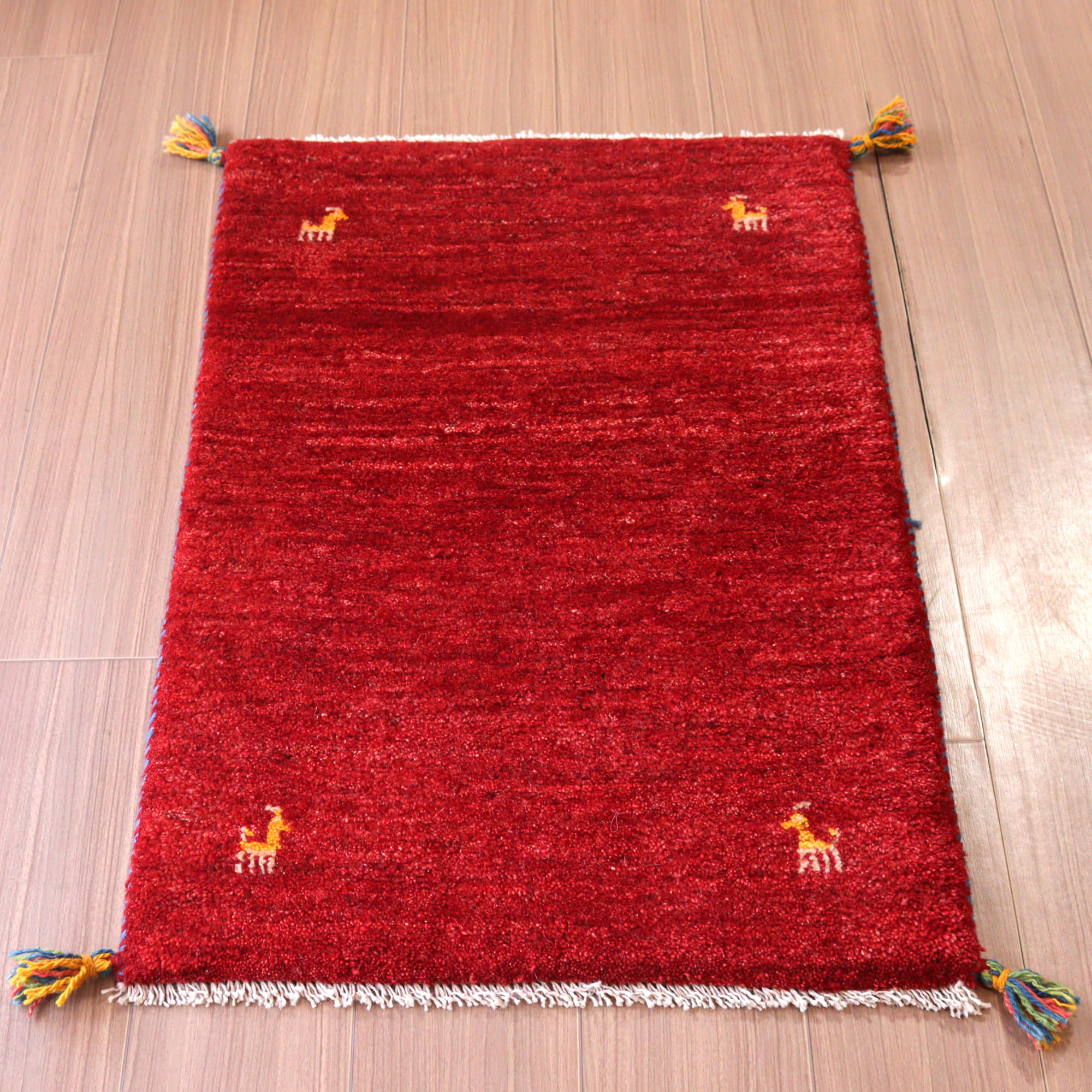 【15%OFF】ギャッベ 手織り イラン産 93x62cm シンプルモチーフ レッド