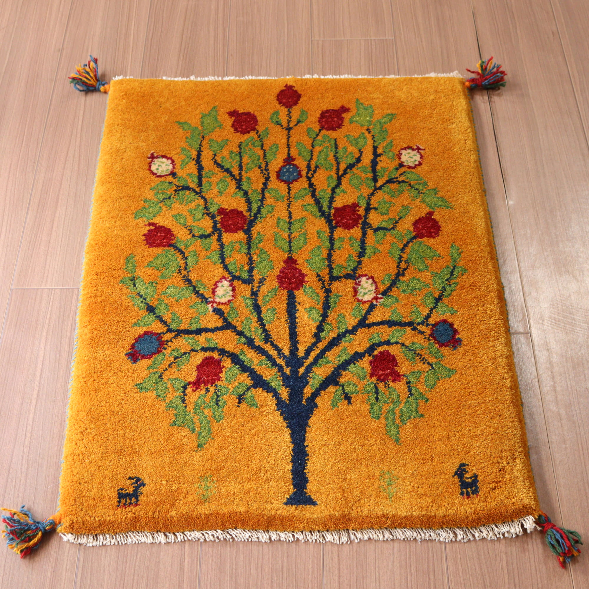 【15%OFF】ギャッベ 手織り イラン産 90x62cm 玄関マット ザクロの樹 イエロー