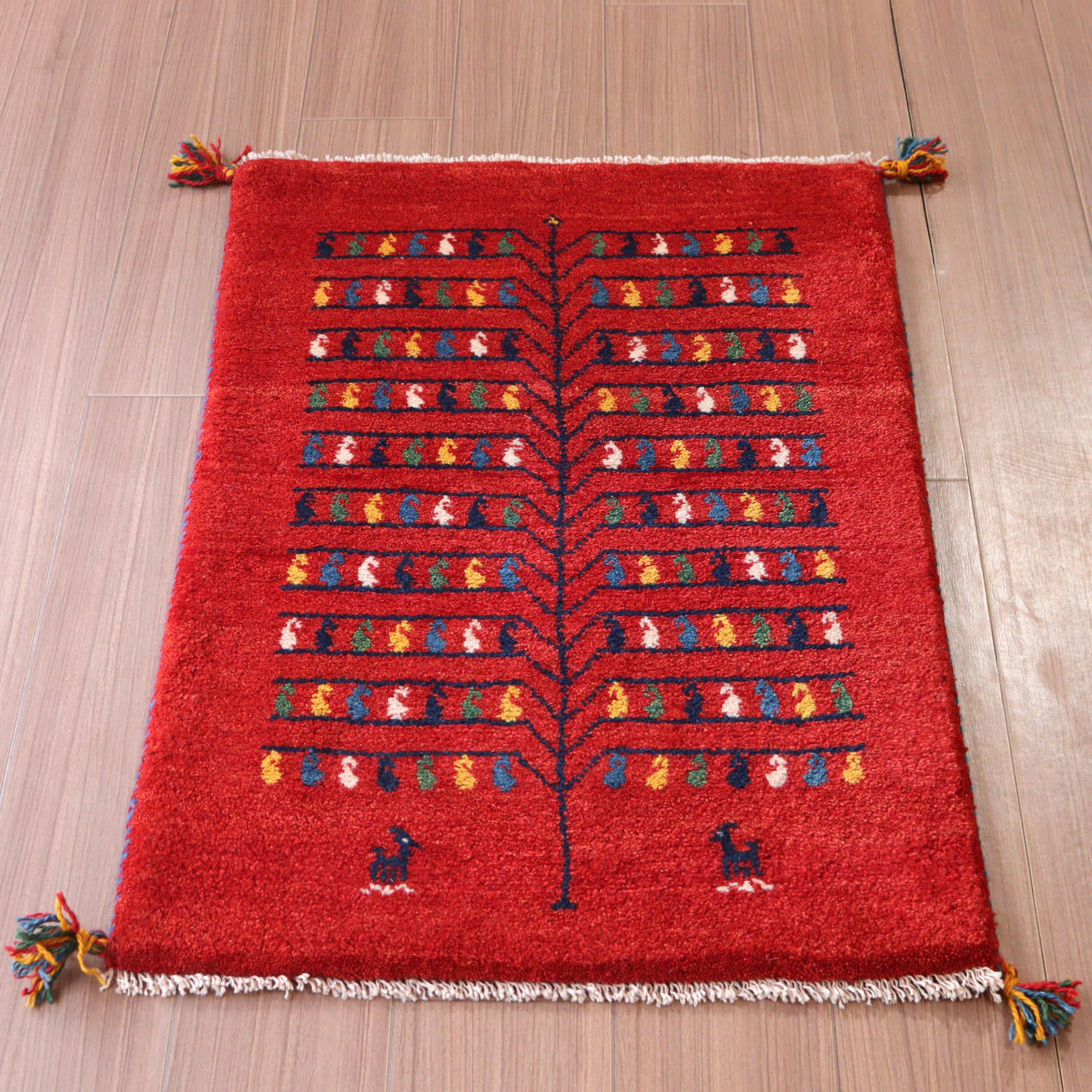 【15%OFF】ギャッベ 手織り イラン産 90x62cm レッド 生命の木