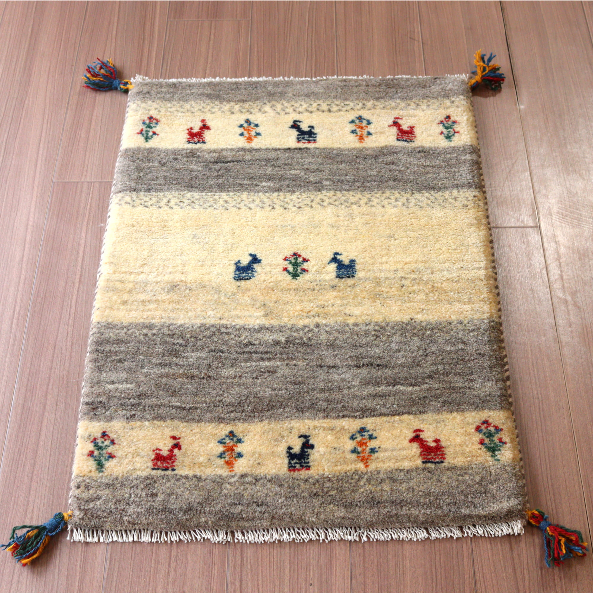 【15%OFF】ギャッベ 手織り イラン産 84x62cm アイボリー&グレー