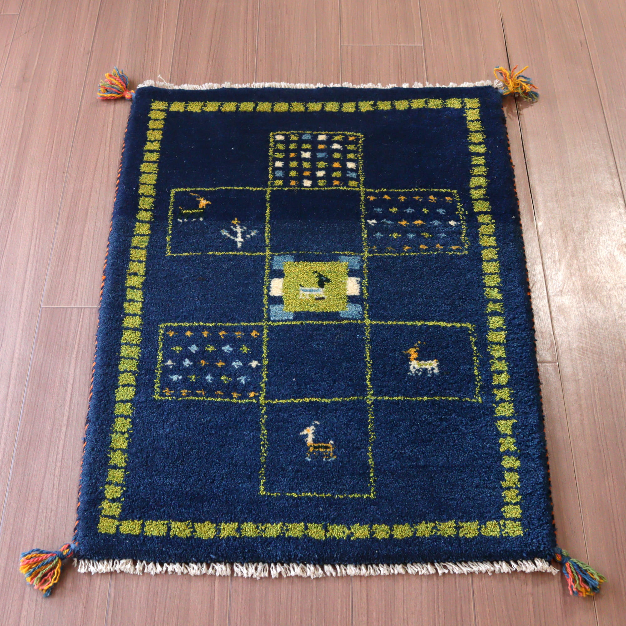 【15%OFF】ギャッベ 手織り イラン産 90x62cm ブルー&グリーン