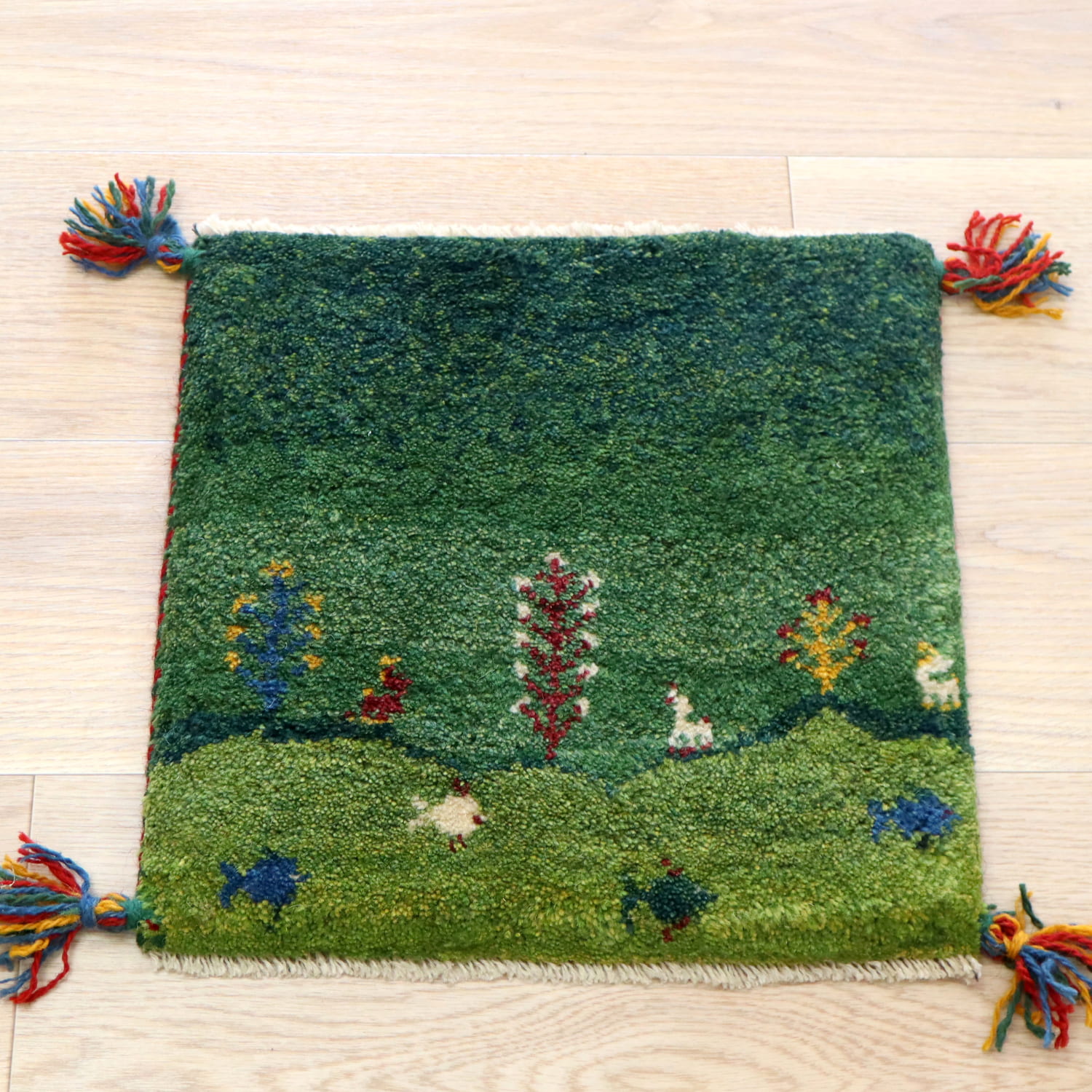ギャッベ イラン産手織り 座布団サイズ 40x40cm グリーン　魚のいる湖