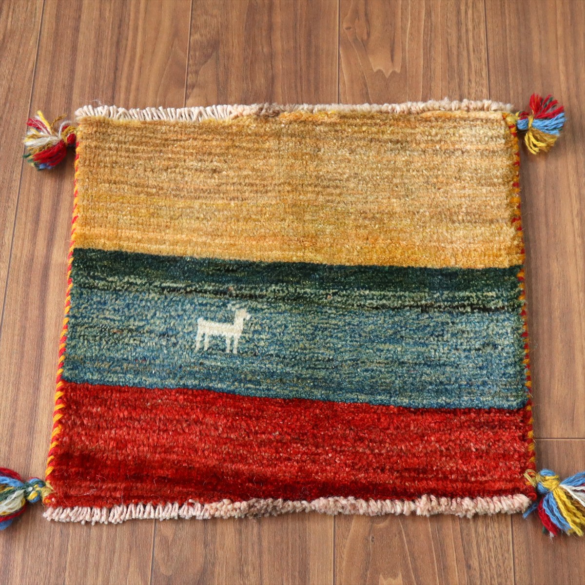 【15%OFF】ギャッベ イラン産手織り 座布団サイズ 40×42cm カラフルボーダー 動物モチーフ