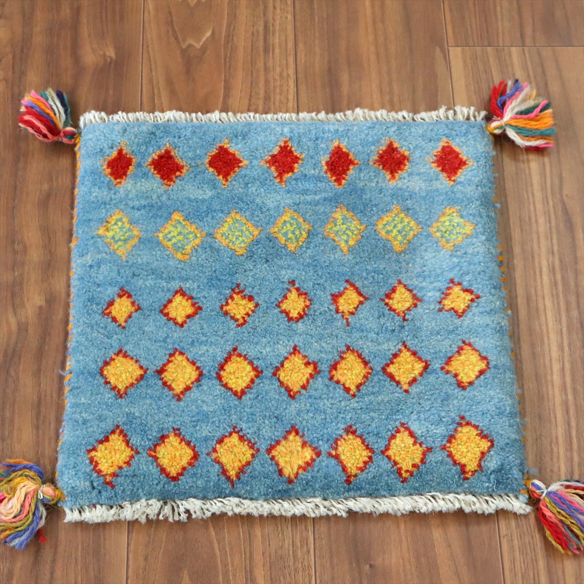 【15%OFF】ギャッベ イラン産手織り 座布団サイズ 39×39cm ブルー カラフルなひし形モチーフ