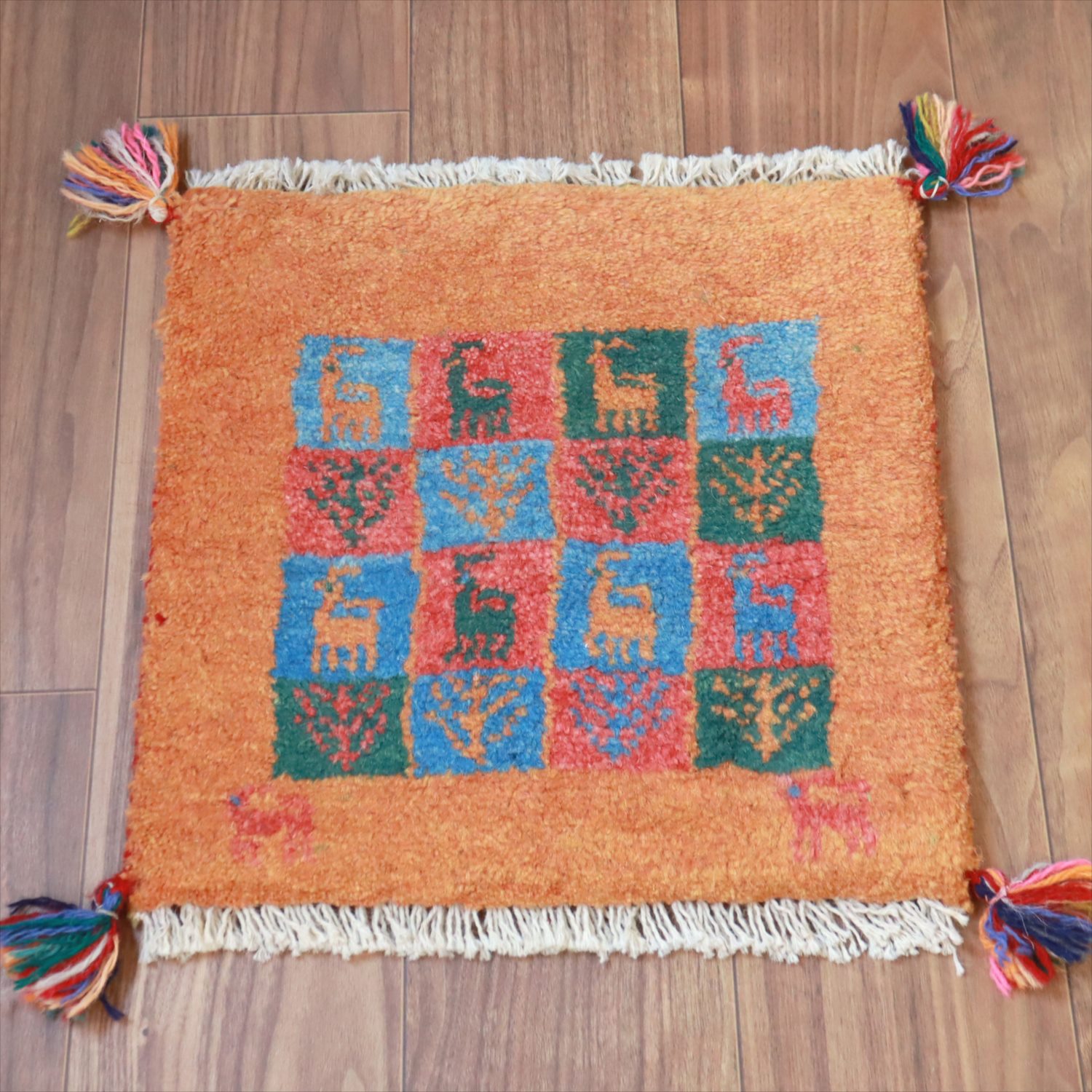 ギャッベ イラン産手織り 座布団サイズ 40x40cm オレンジ