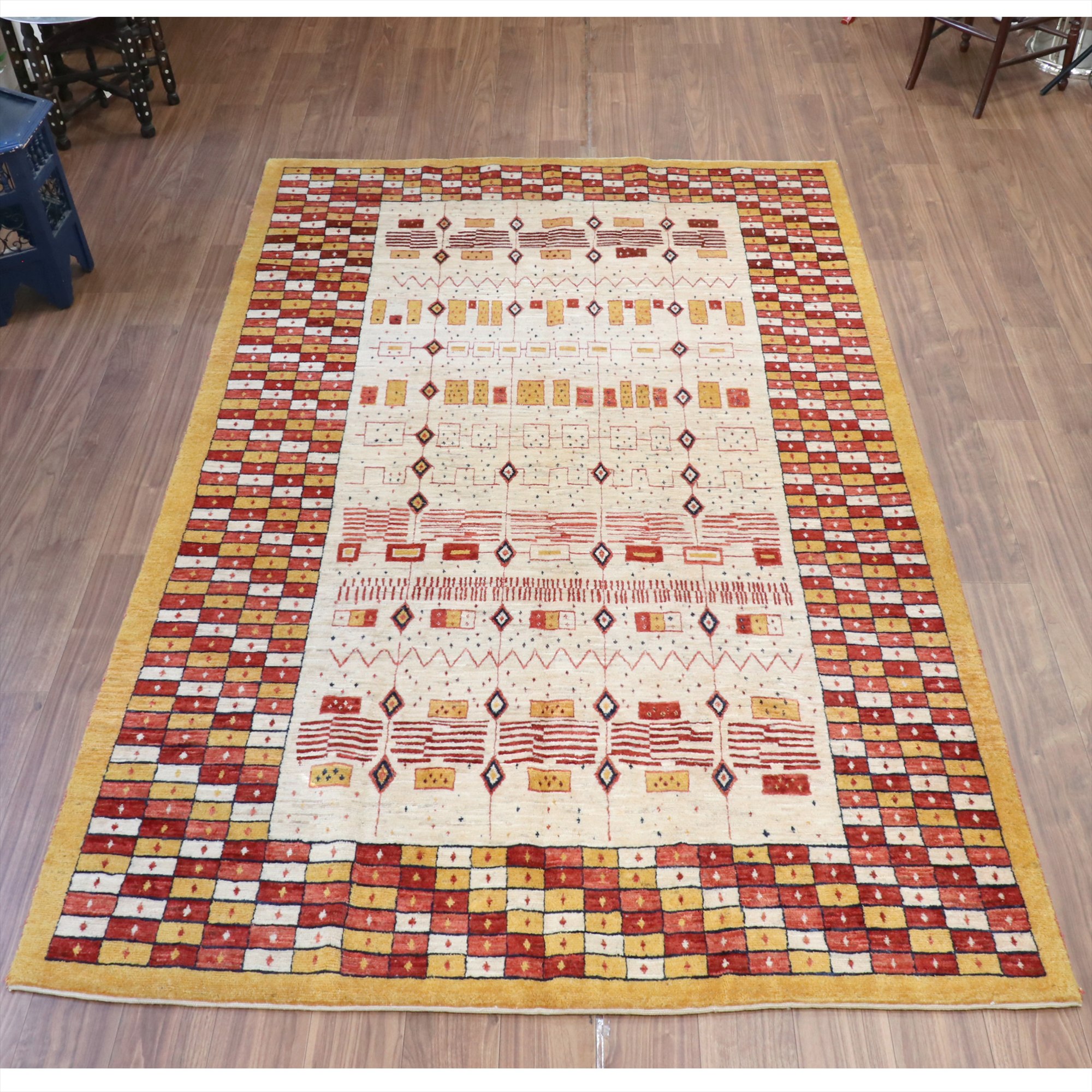 ギャベ　リズバフト　 277x173cm 緻密な幾何学モチーフ　レッド＆オレンジ　イラン　手織り