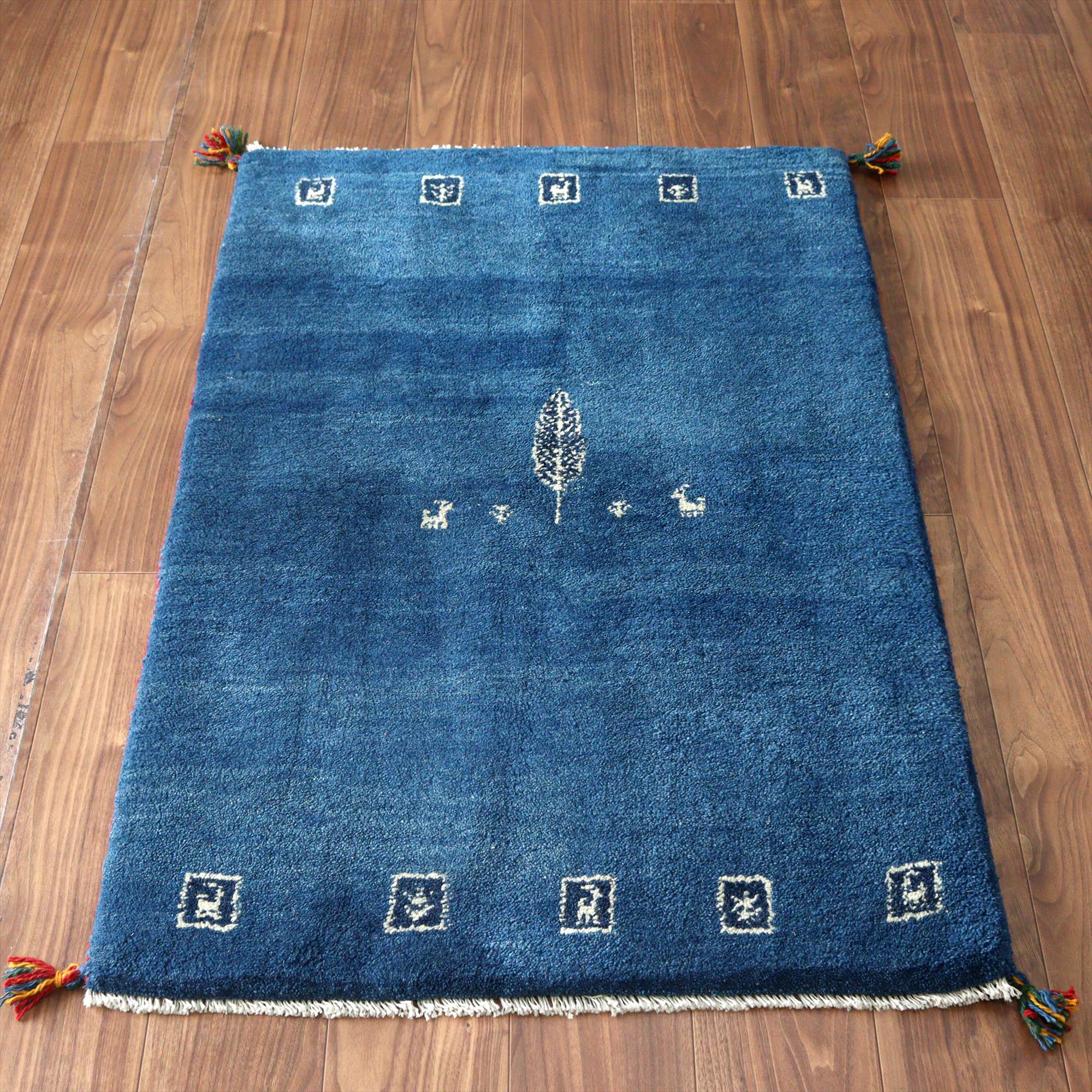 イランの手織りラグ ギャッベ 118x80cm 動物と植物 ブルー