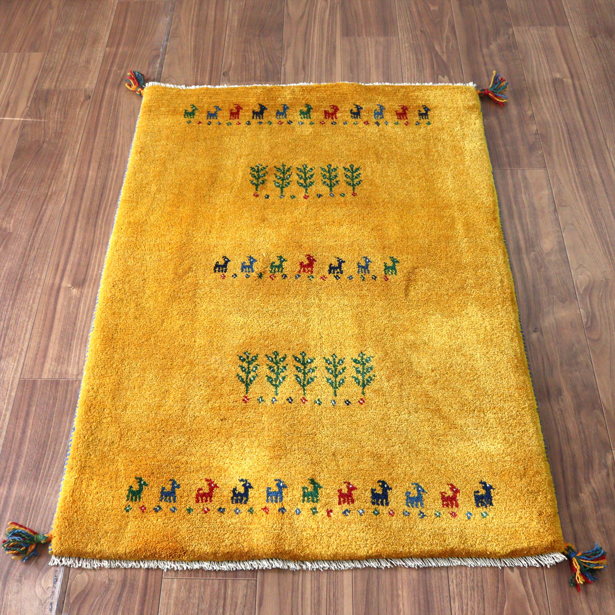 ギャッベ イランの手織りラグ 116x84cm 動物と生命の樹 イエロー