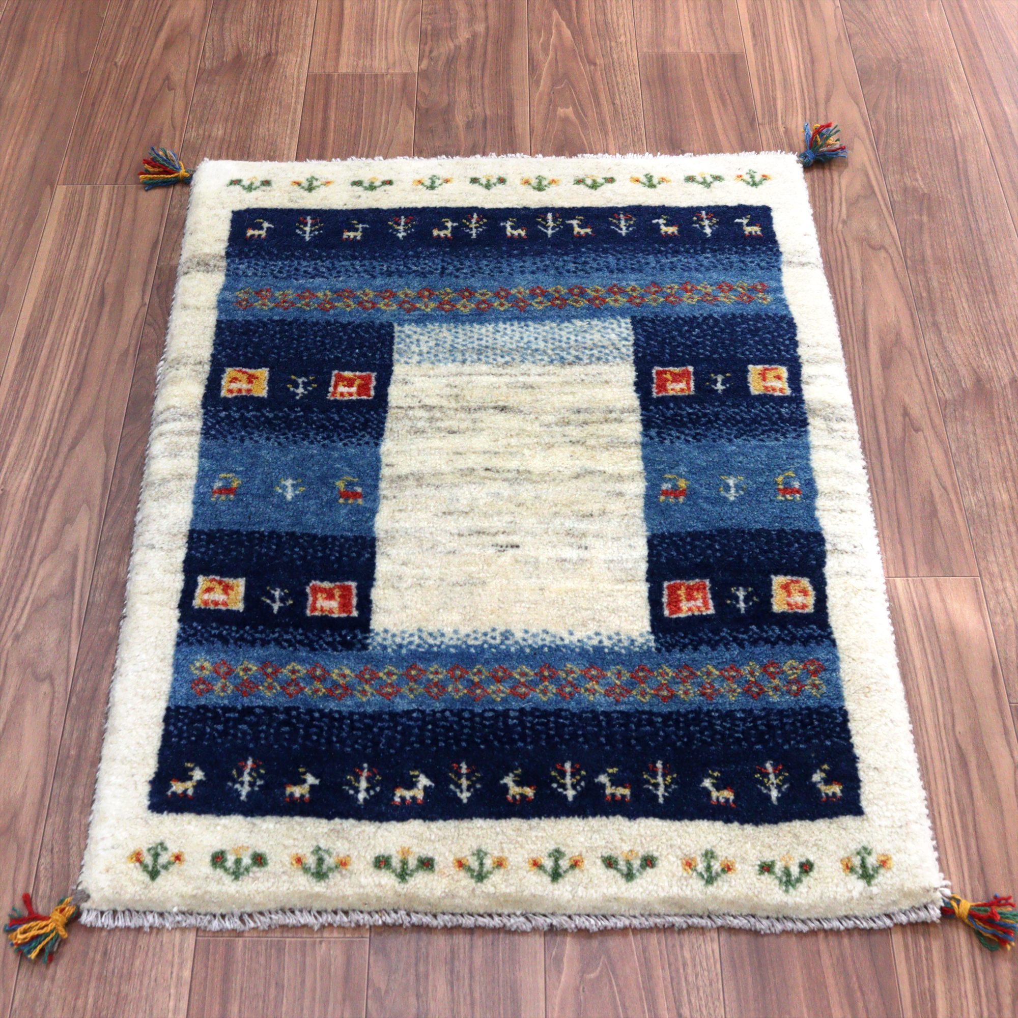 ギャッベ イランの手織りラグ 102x78cm ネイビー＆アイボリー