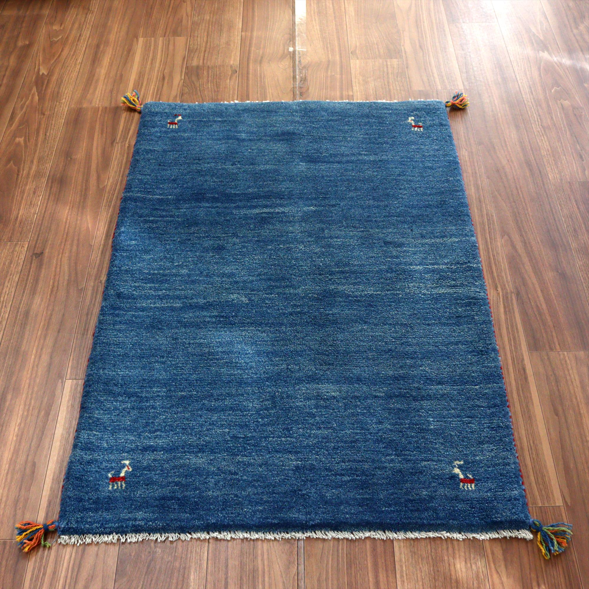 ギャッベ イランの手織りラグ 121x82cm シンプルモチーフ ブルー