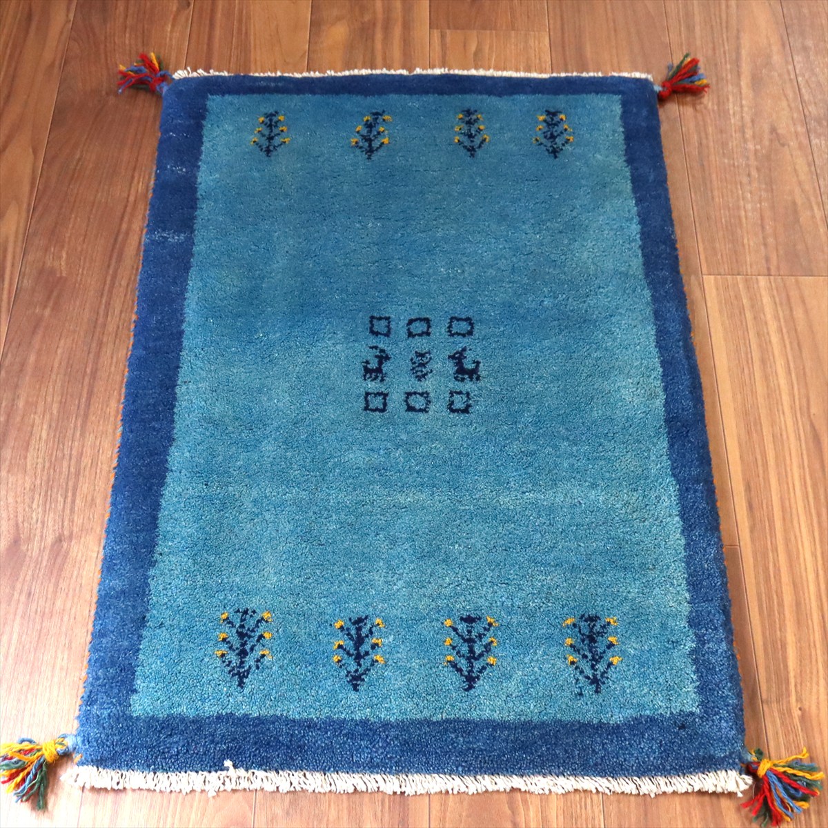 【15%OFF】ギャッベ イラン産手織り 88×60cm 玄関マット ブルー 向かい合う動物と生命の樹