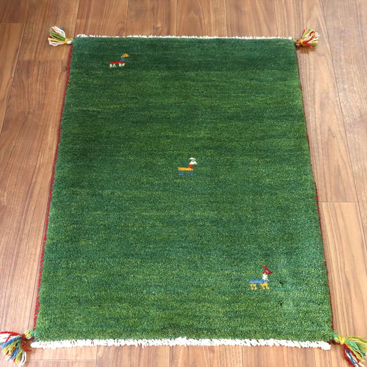 【15%OFF】ギャッベ イラン産手織り 91×64cm 玄関マット グリーン 動物モチーフ