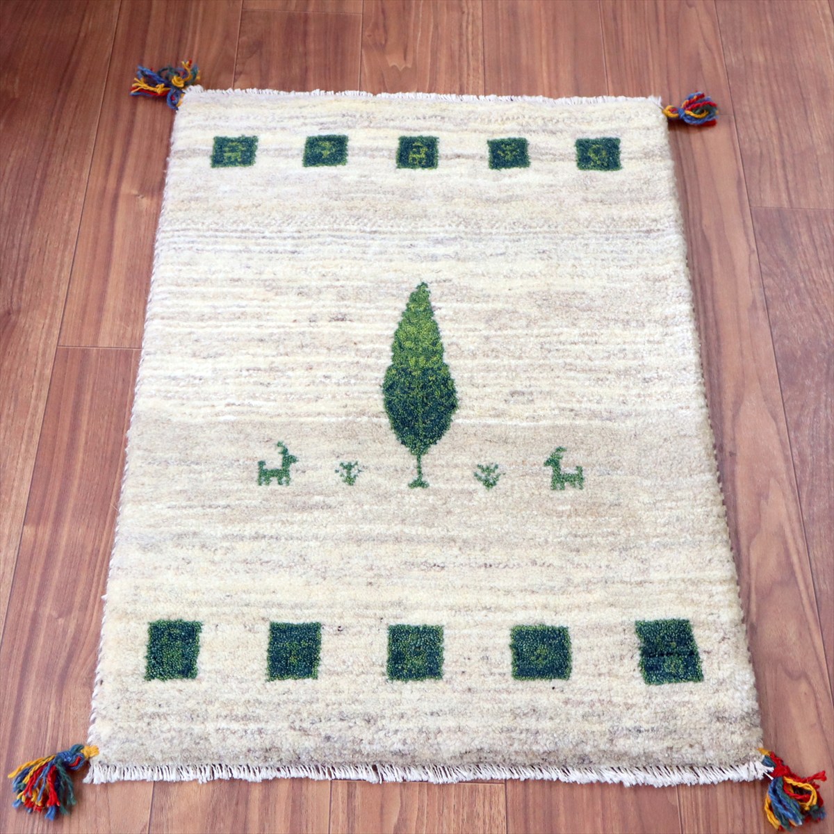 【15%OFF】ギャッベ イラン産手織り 85×60cm 玄関マット ナチュラルアイボリー 糸杉と動物モチーフ