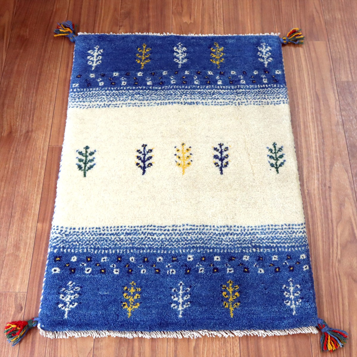 【15%OFF】ギャッベ イラン産手織り 87×59cm 玄関マット ナチュラルアイボリー＆ブルー 生命の樹