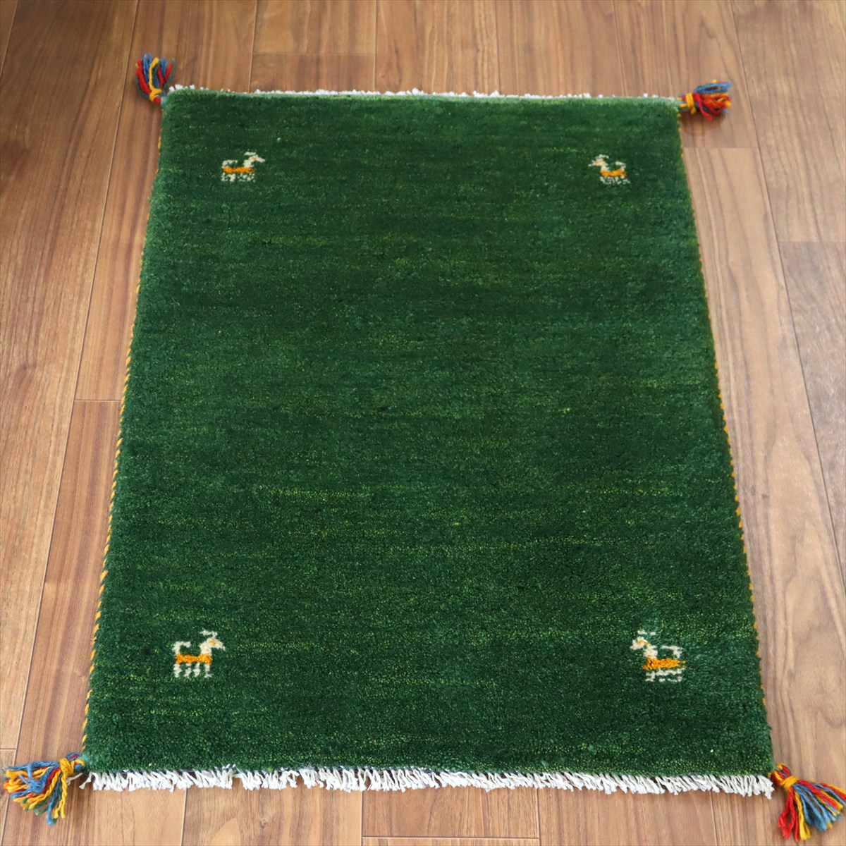 【15%OFF】ギャッベ イラン産手織り 87×62cm 玄関マット グリーン 動物モチーフ