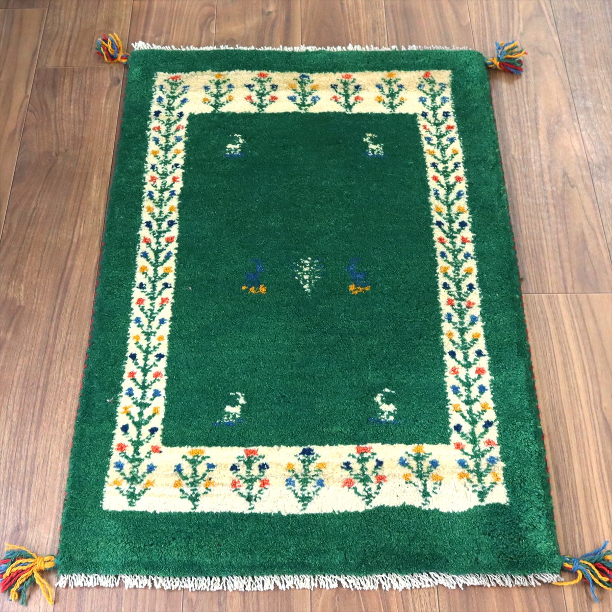 【15%OFF】ギャッベ イラン産手織り 89×62cm 玄関マット グリーン 連なる生命の樹と動物モチーフ