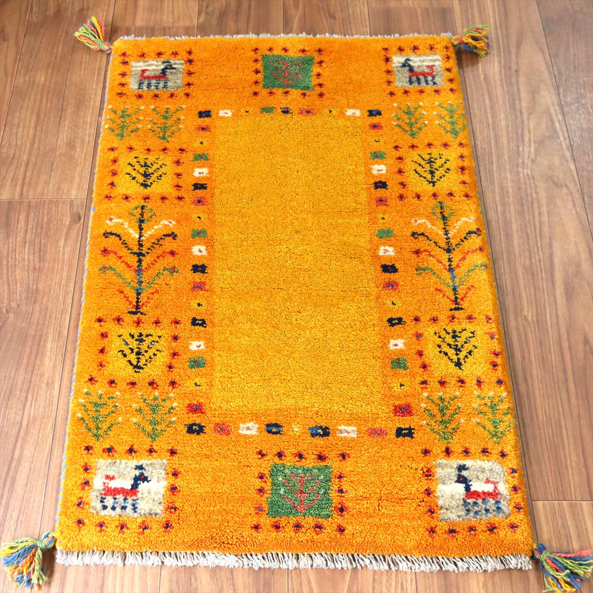 【15%OFF】ギャッベ イラン産手織り 89×59cm 玄関マット オレンジ イエロー 生命の樹と動物