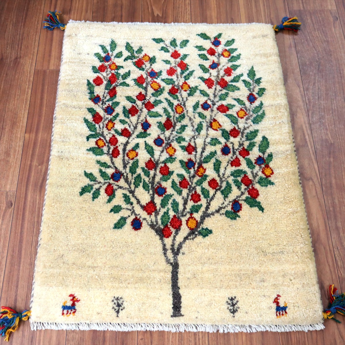 【15%OFF】ギャッベ イラン産手織り 87×64cm 玄関マット ナチュラルアイボリー カラフルな生命の樹