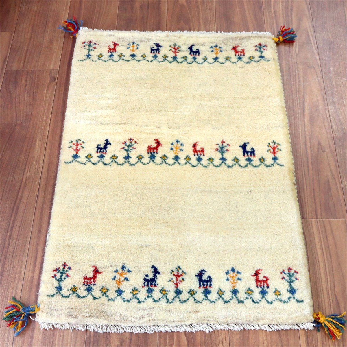 【15%OFF】ギャッベ イラン産手織り 88×61cm 玄関マット ナチュラルアイボリー カラフルな動物を生命の樹