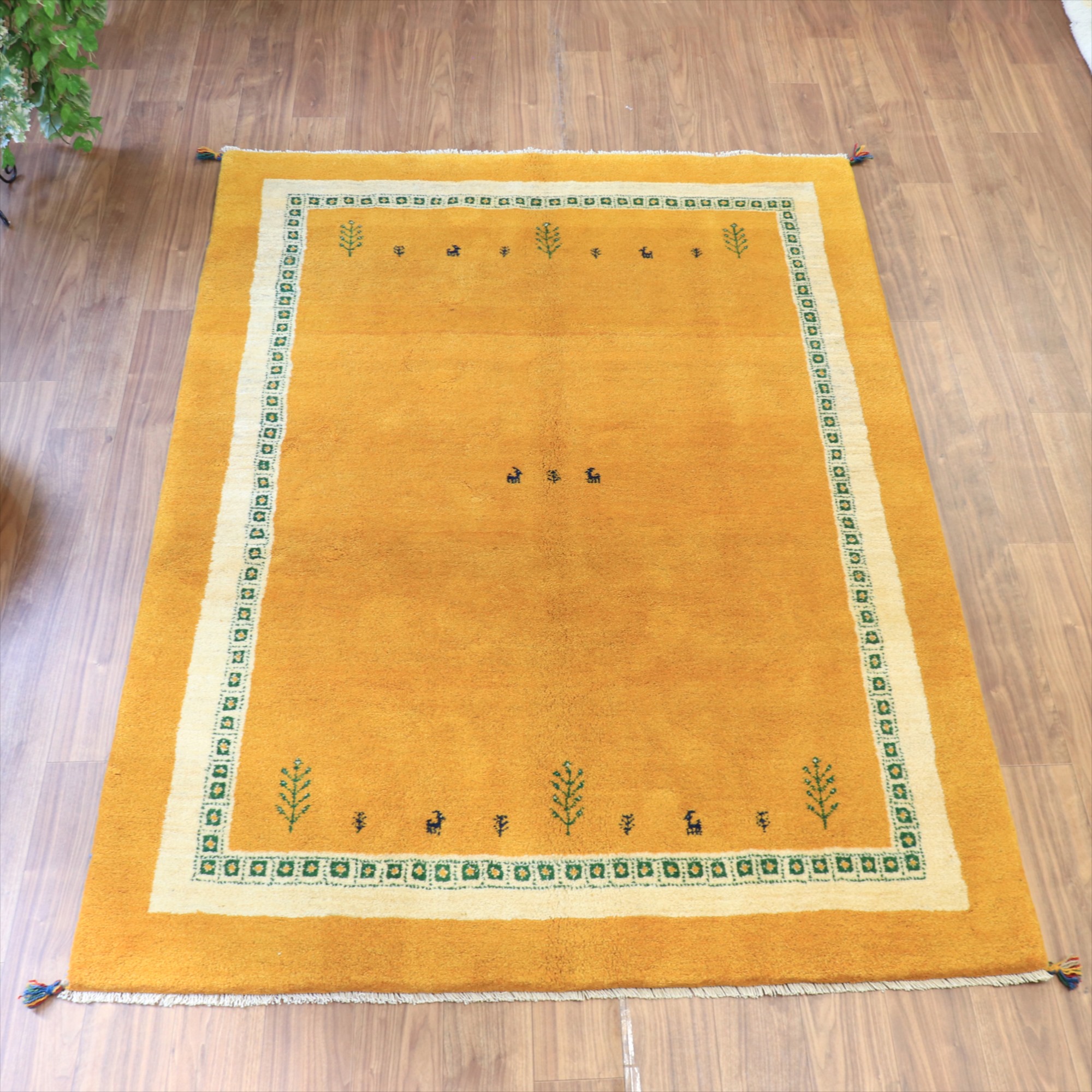 ギャッベ オレンジ　イエロー 234x170cm ベージュのボーダー　イラン産手織りラグ