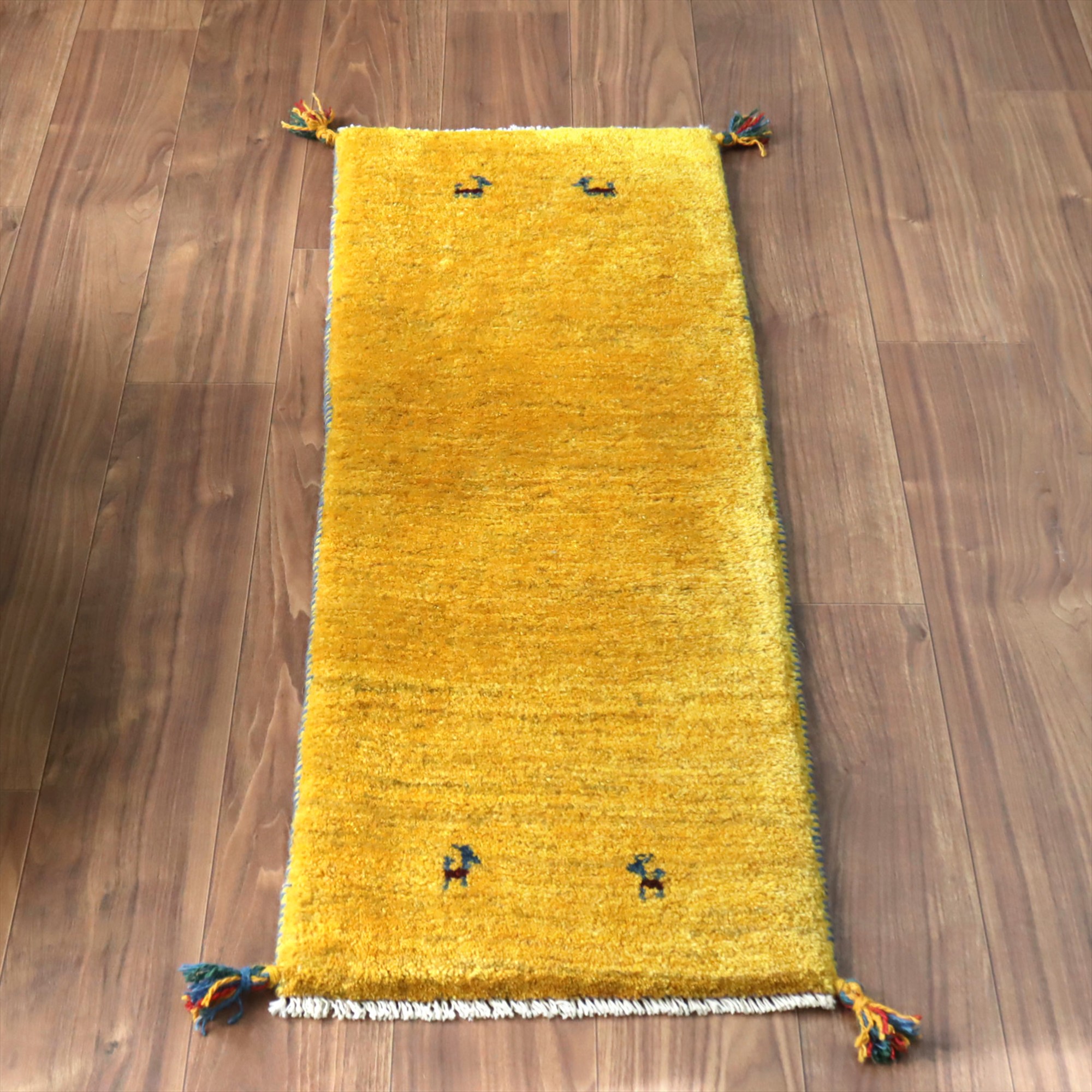 ギャッベ イラン 手織り　ミニランナー 120x43cm シンプル　無地　イエローグラデーション