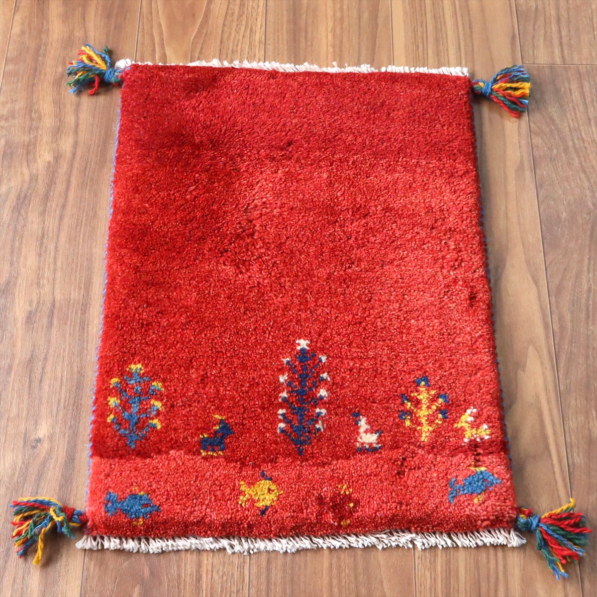 ギャッベ ミニギャベ イラン手織り 56×40cm レッド 生命の樹と動物と魚