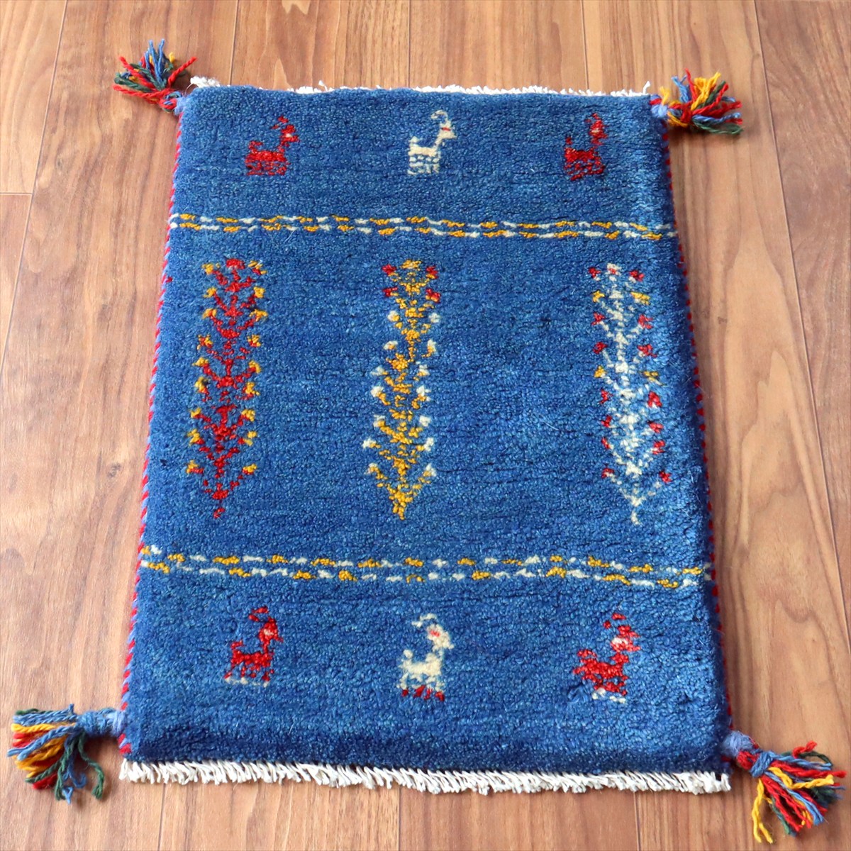 ギャッベ ミニギャベ イラン手織り 58×40cm ブルー 連なる生命の樹と動物