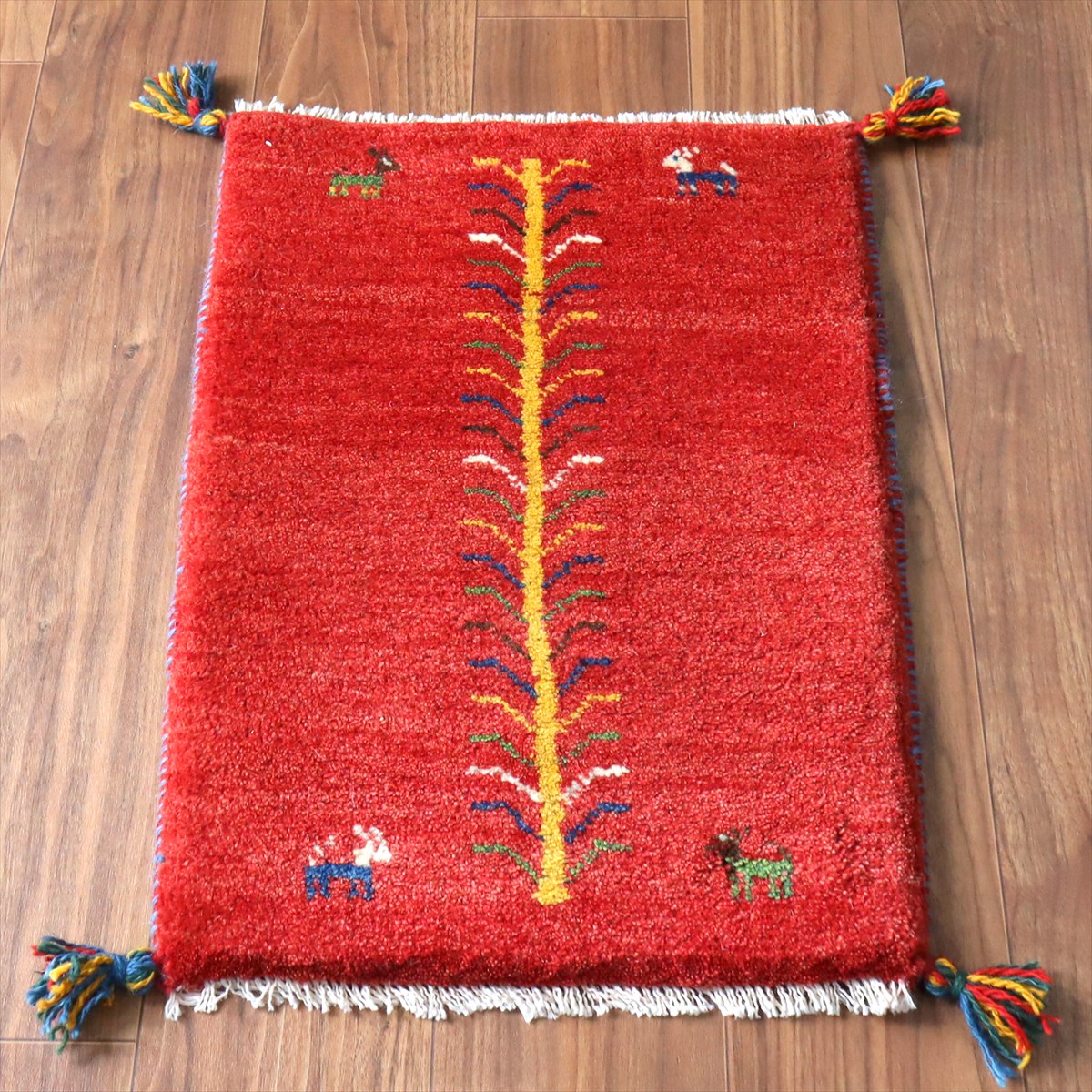 ギャッベ ミニギャベ イラン手織り 60×42cm レッド 連なる生命の樹と動物