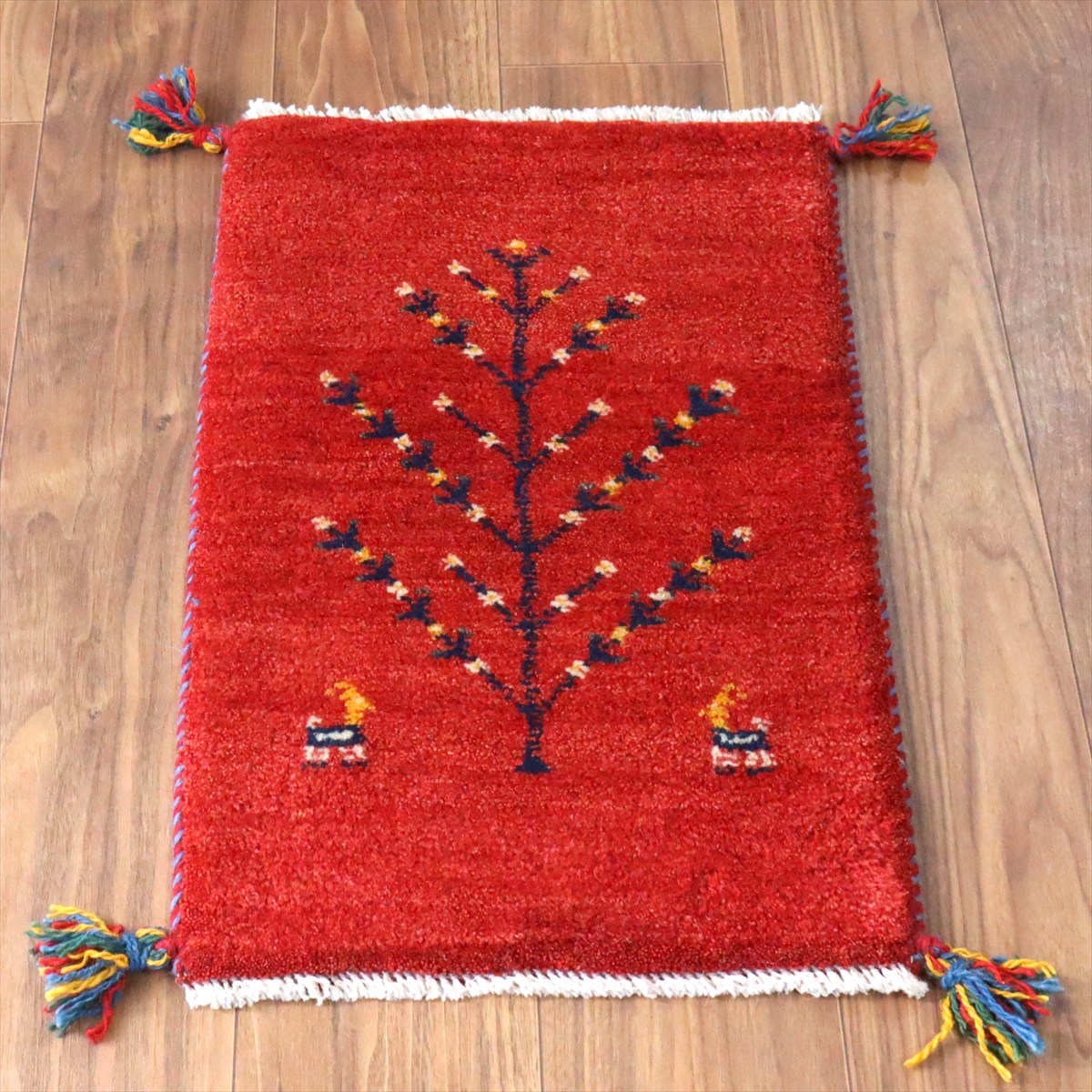 ギャッベ ミニギャベ イラン手織り 60×40cm レッド 生命の樹と動物