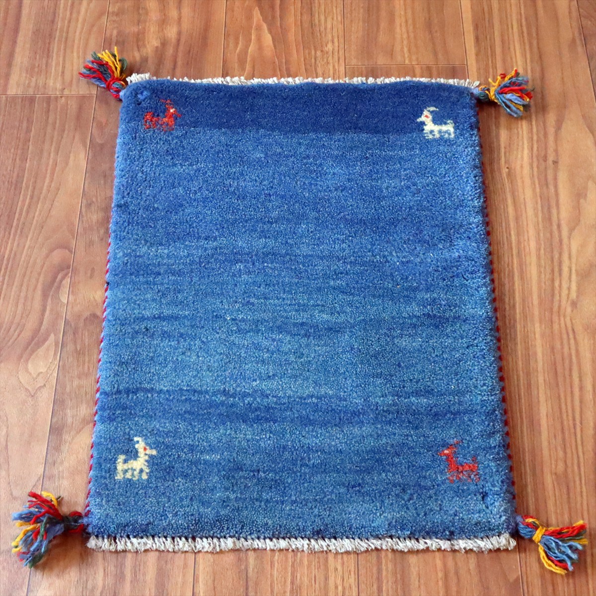 ギャッベ ミニギャベ イラン手織り 57×41cm ブルー 四隅に動物