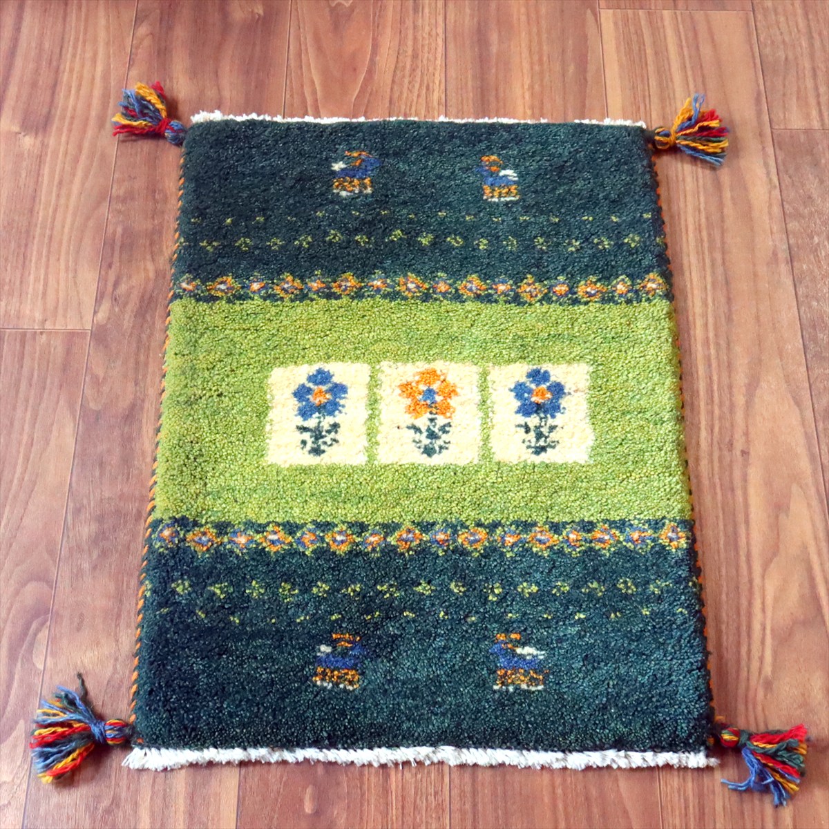 ギャッベ ミニギャベ イラン手織り 58×43cm グリーン フラワーと動物