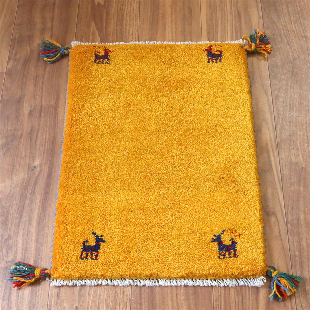 ギャッベ ミニギャベ イラン手織り 56×41cm イエロー 四隅に動物