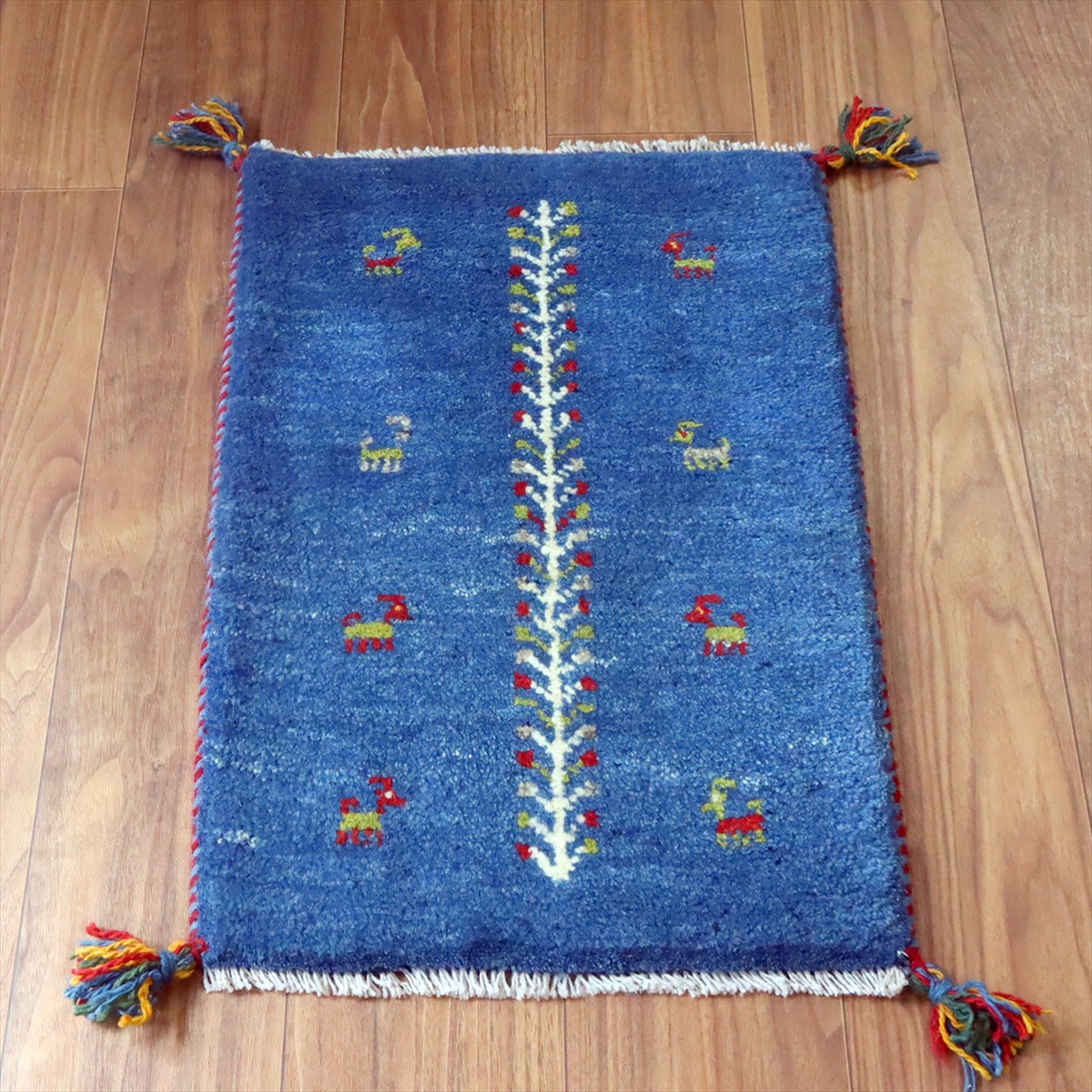 ギャッベ ミニギャベ イラン手織り 60×41cm ブルー 連なる生命の樹と動物