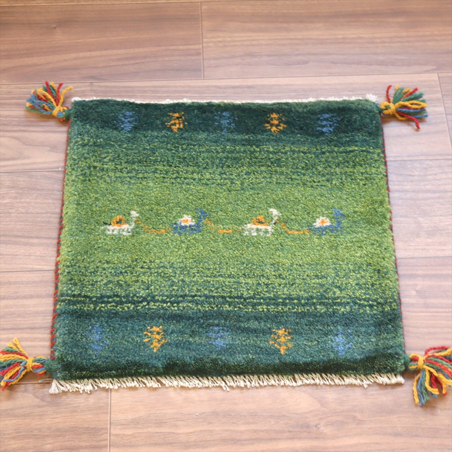 ギャッベ イラン産手織り 座布団サイズ 40x43cm グリーングラデーション　ラクダの隊商