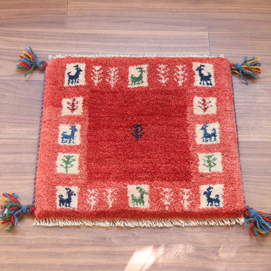 ギャッベ イラン産手織り 座布団サイズ 39x42cm レッド　ツートーンカラー　タイルモチーフ