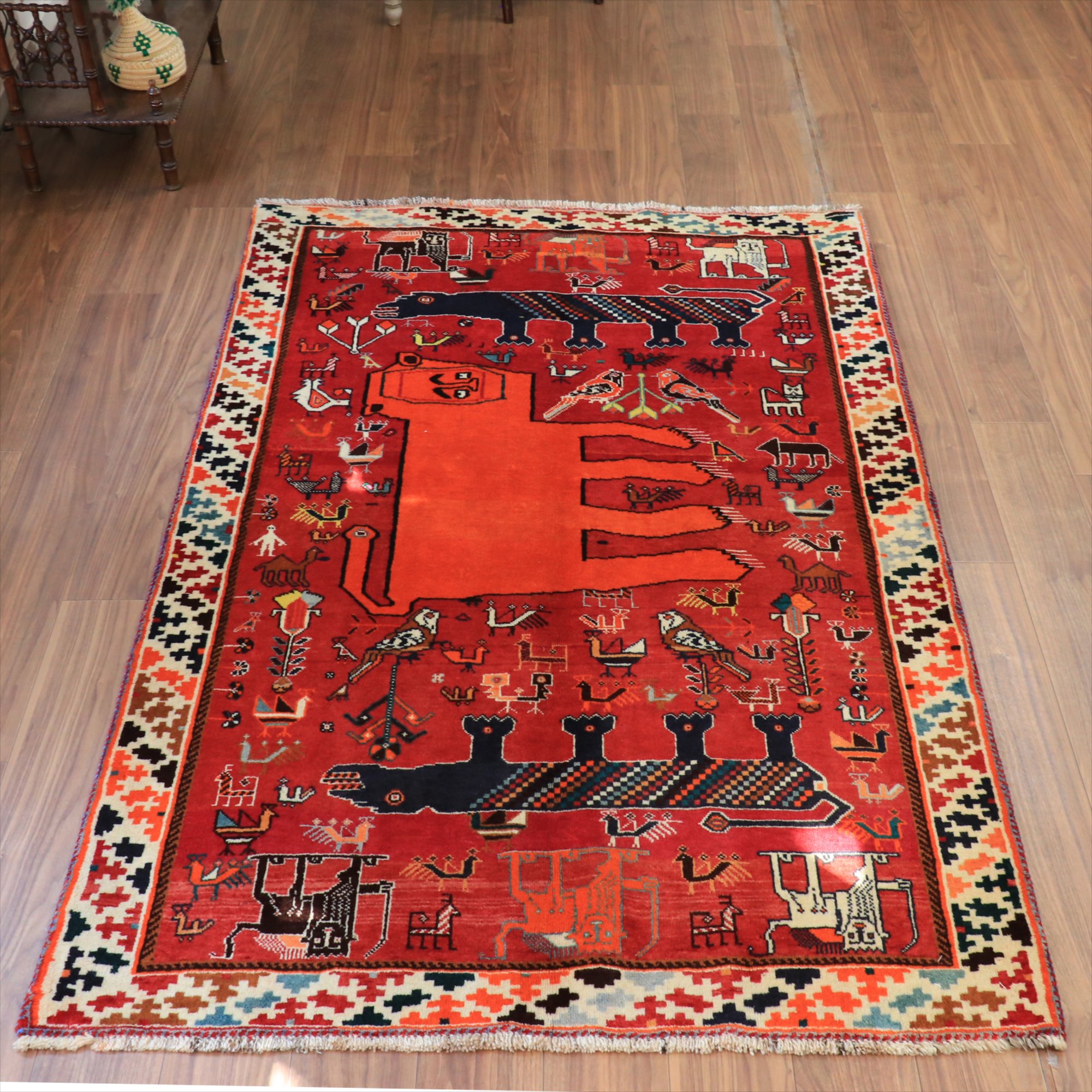 ライオンラグ ギャッベ ヴィンテージラグ 205x130cm オレンジの人面ライオンと想像のライオン