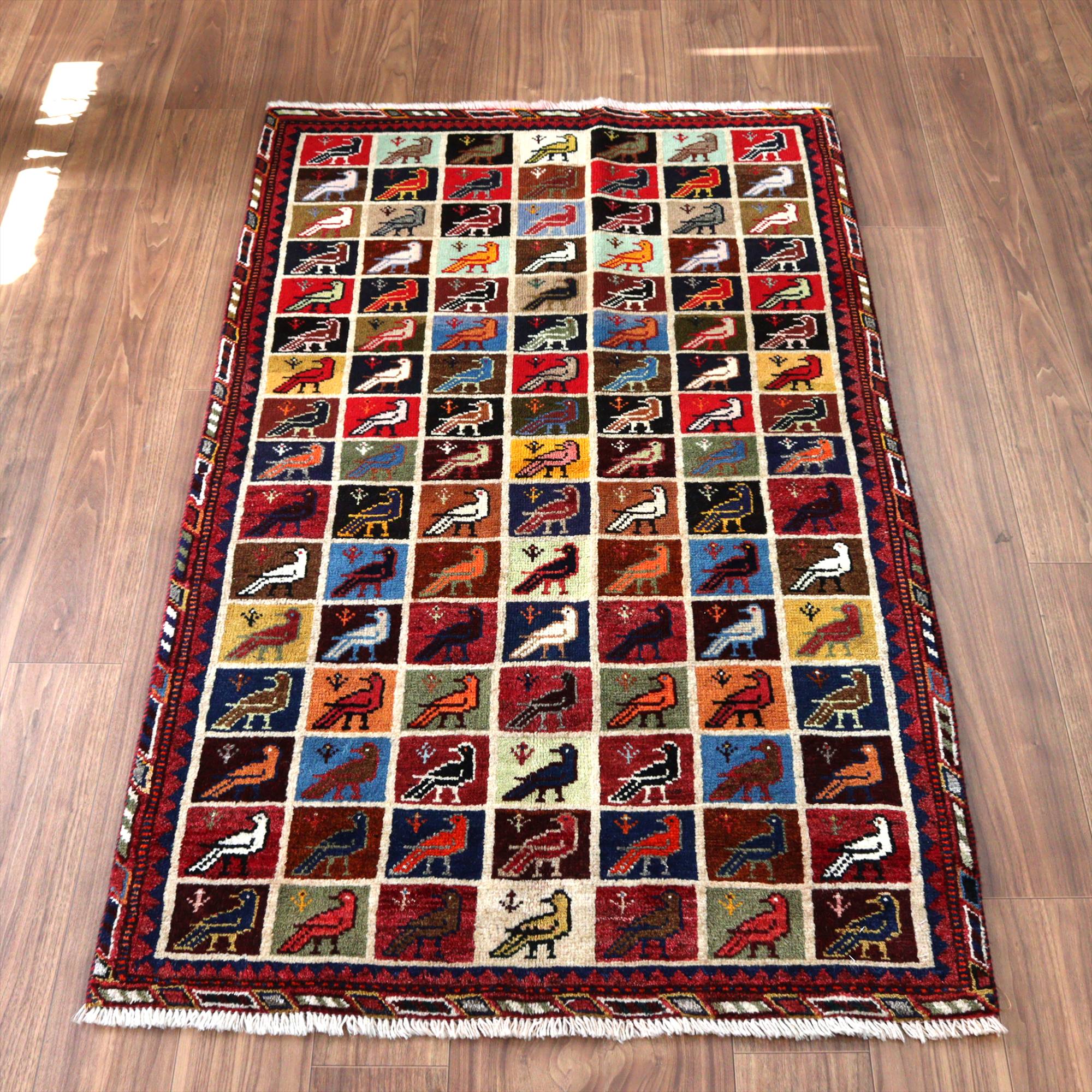 手織りギャッベ バード トレリスデザイン 170x105cm カラフルタイル 鳥