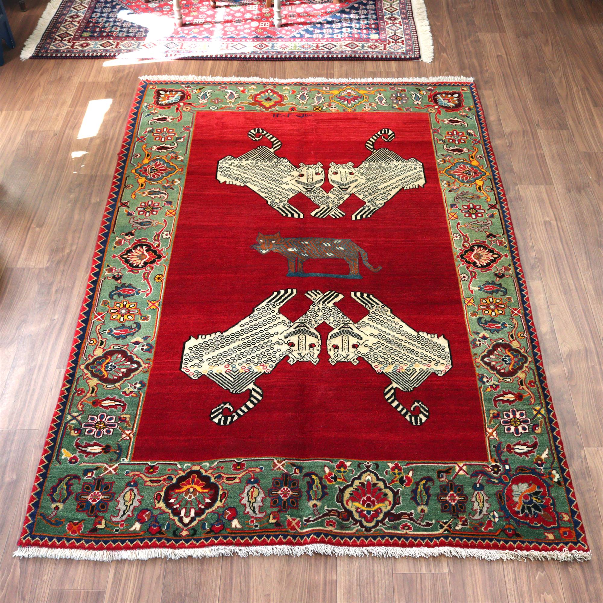 オールドギャッベ　Old Gabbeh　ライオンラグ　 235x158cm 白い4匹のヒョウと茶色いヒョウ