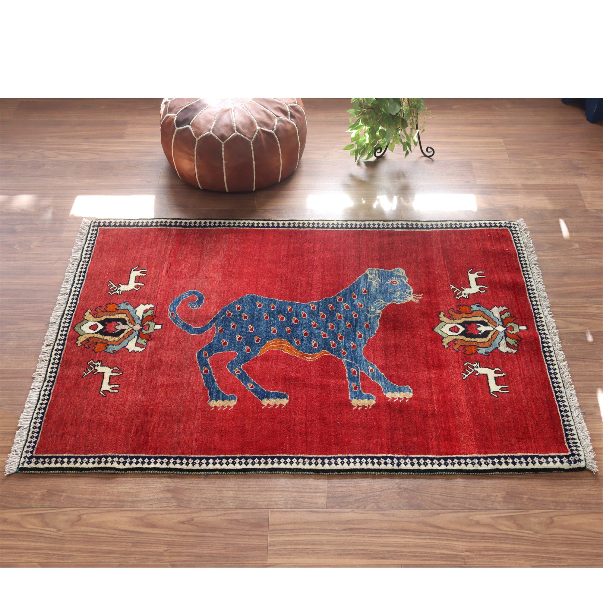 ライオンラグ 青いヒョウ オールドギャッベ　 158x100cm レッド ブルー　パルメット