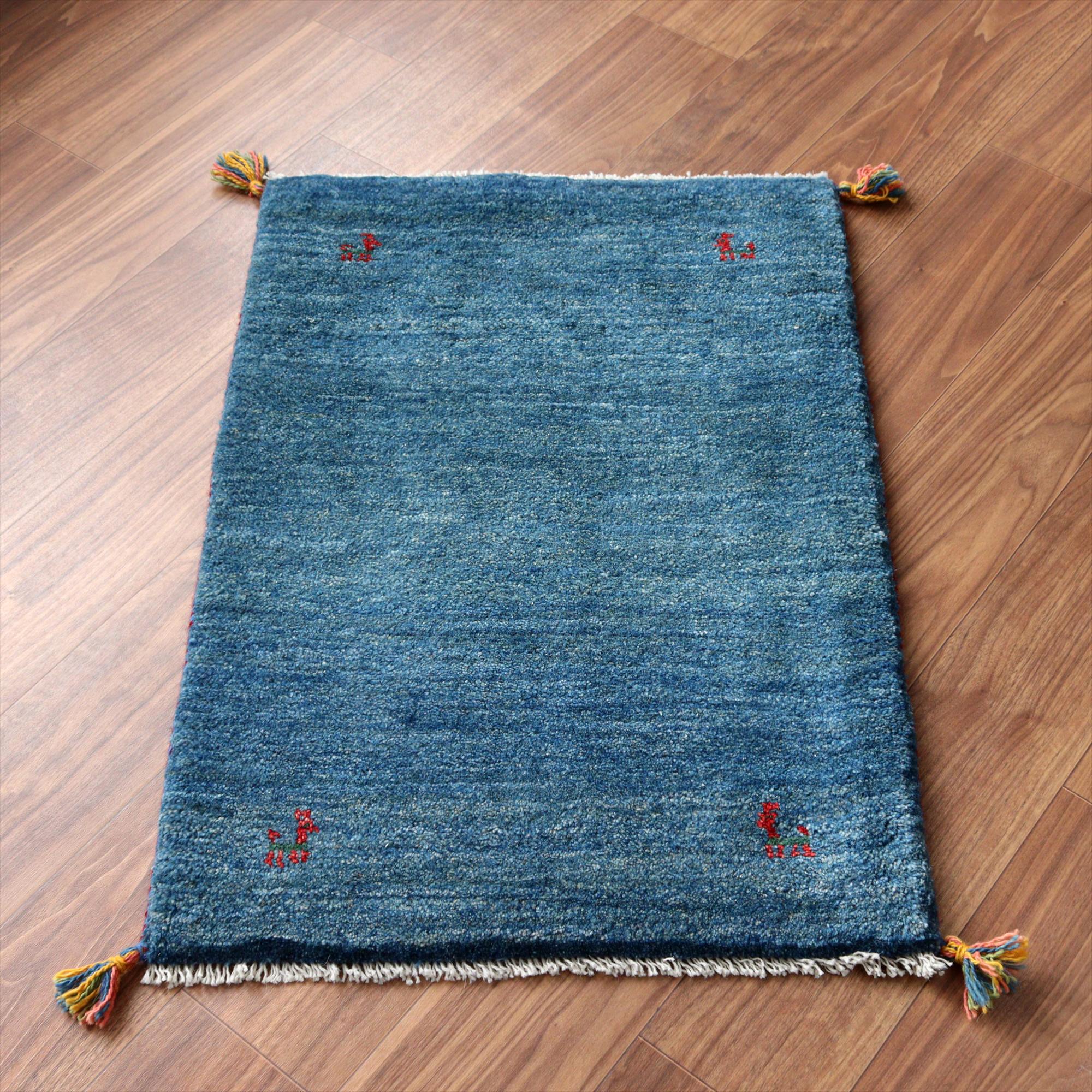 ギャッベ イラン産手織りラグ 90x62cm ブルー シンプルモチーフ