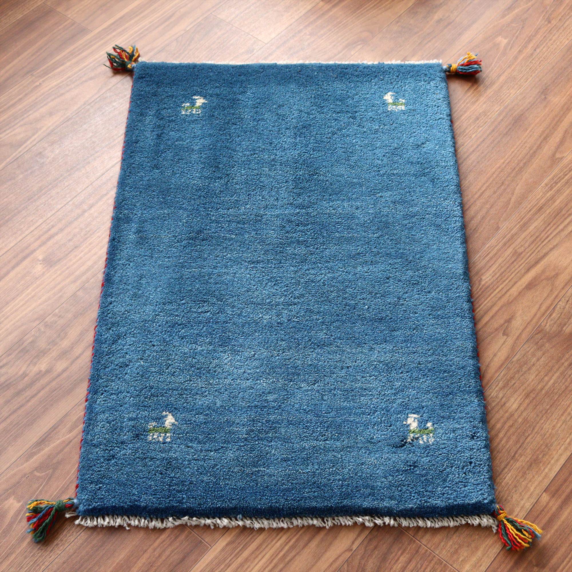 ギャッベ イラン産手織りラグ 93x60cm ブルー シンプルモチーフ