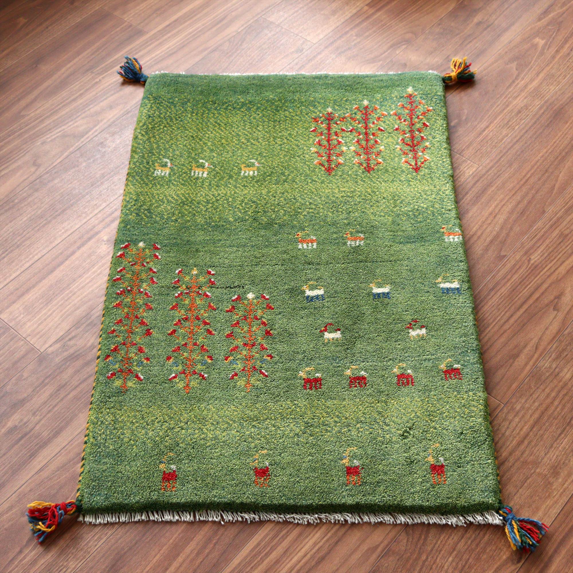 ギャッベ イラン産手織りラグ 93x60cm 生命の樹と動物 グリーン