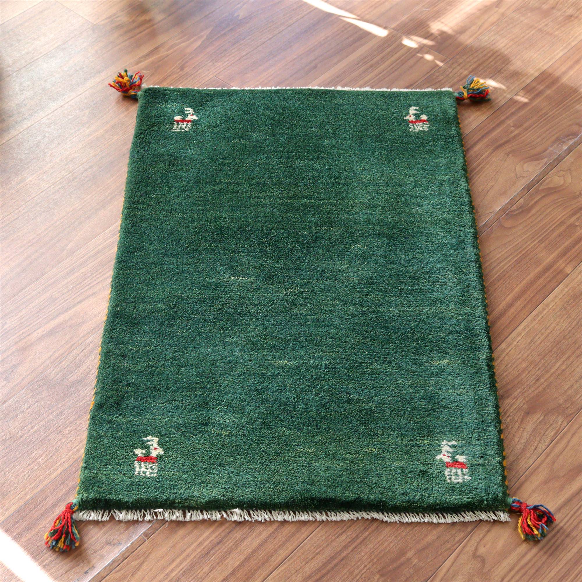 ギャッベ イラン産手織りラグ 88x60cm グリーン シンプルモチーフ