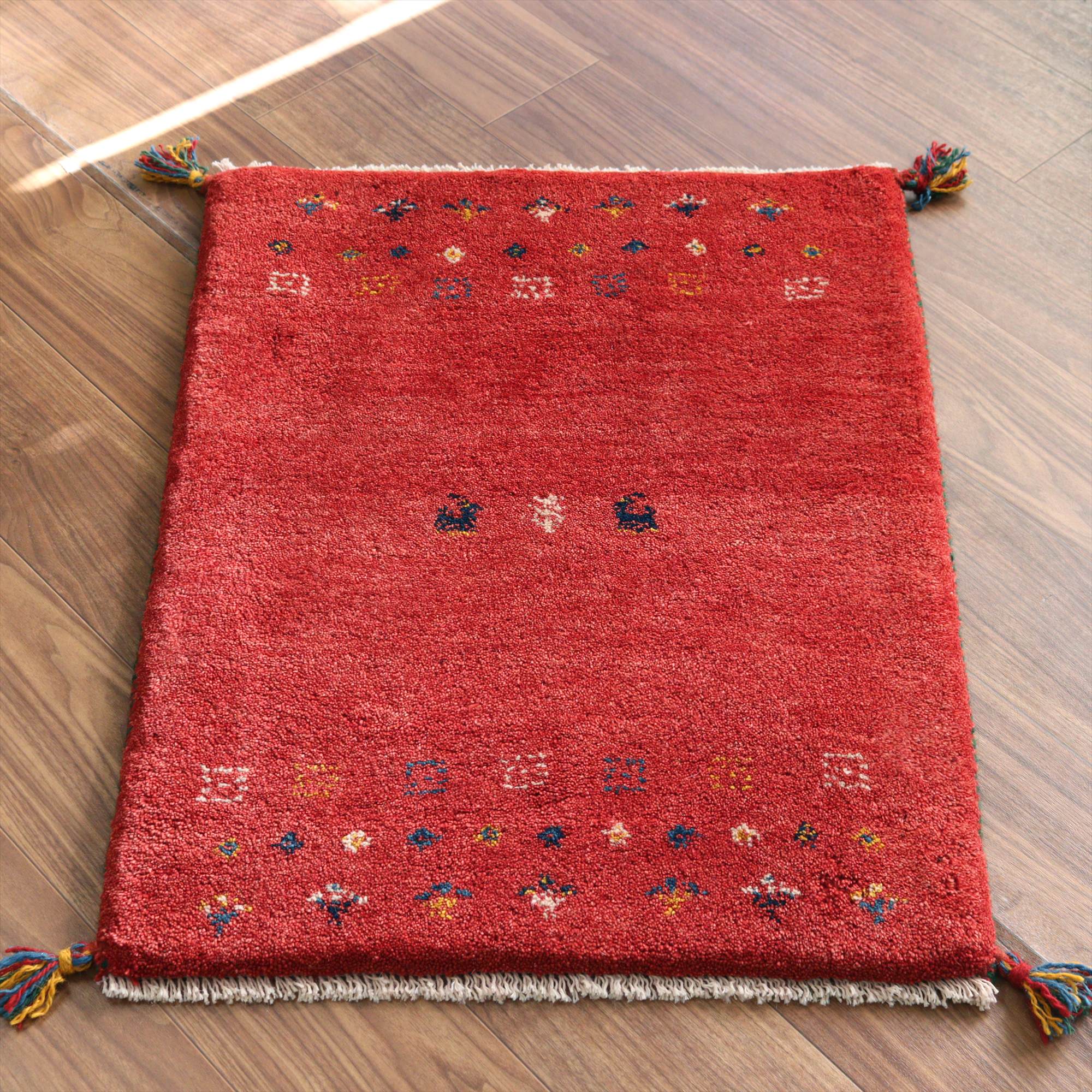 ギャッベ イラン産手織りラグ 86x60cm レッド 動物と植物