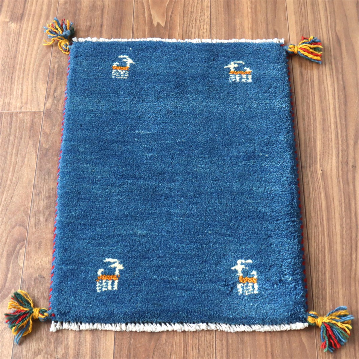 ギャッベ ミニギャベ イラン産 56×40cm ブルー 四隅に動物モチーフ