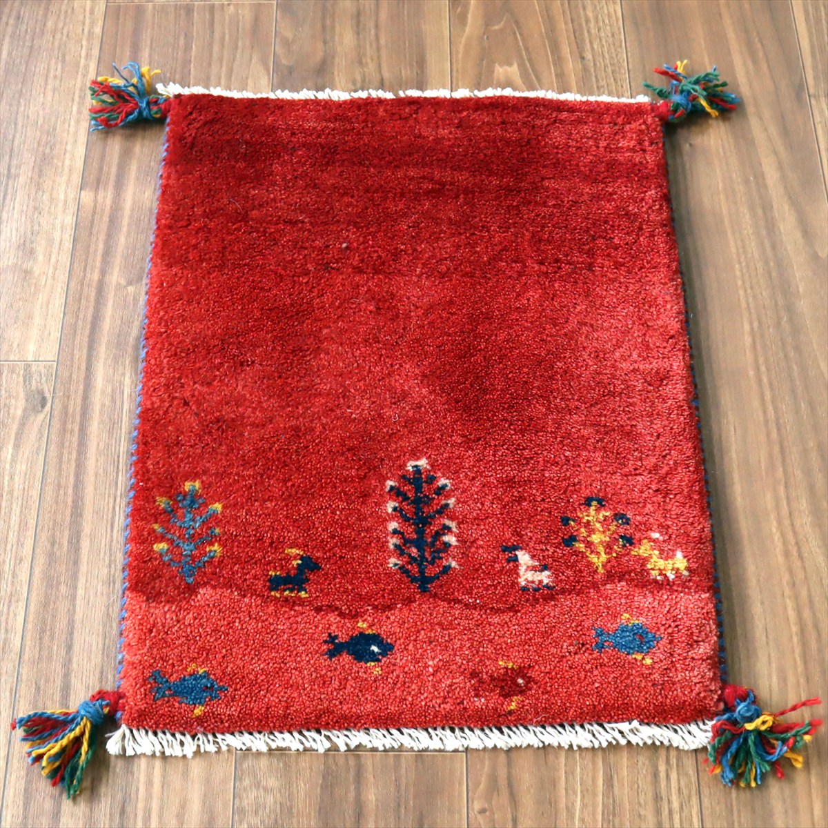 ギャッベ ミニギャベ イラン産 56×42cm レッド 生命の樹と動物と魚