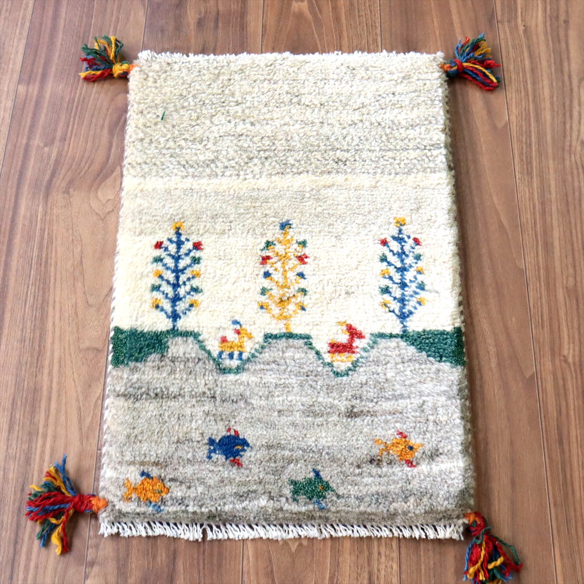 ギャッベ ミニギャベ イラン産 60×38cm ナチュラルアイボリー 生命の樹と動物と魚