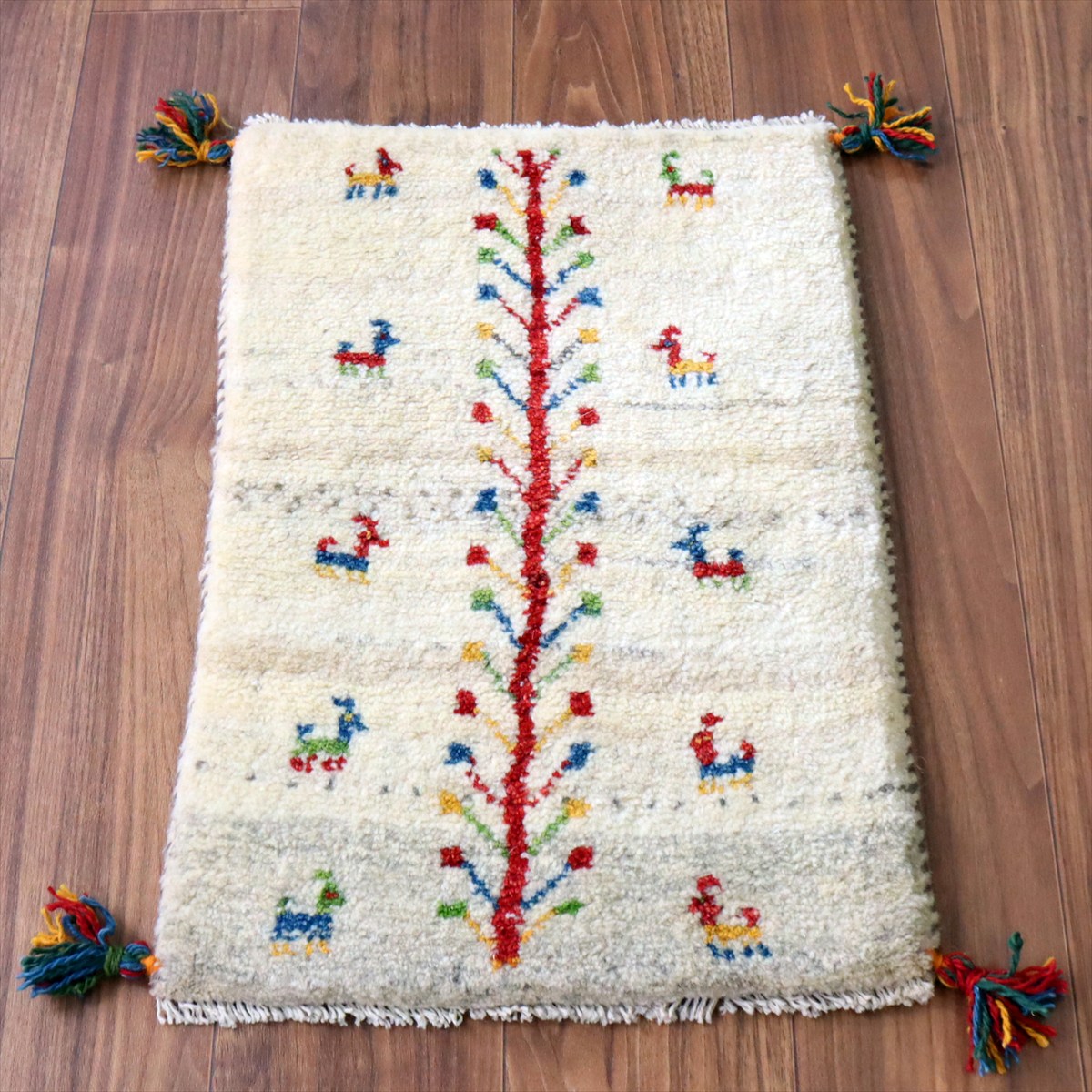 ギャッベ ミニギャベ イラン産 62×41cm ナチュラルアイボリー 連なる生命の樹と動物