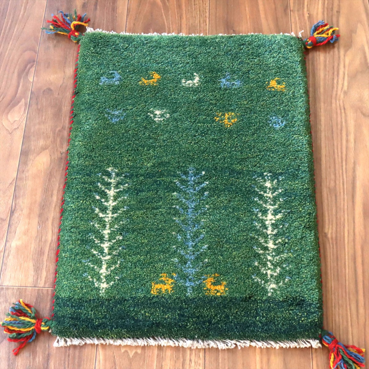 ギャッベ ミニギャベ イラン産 58×41cm グリーン 連なる生命の樹と動物