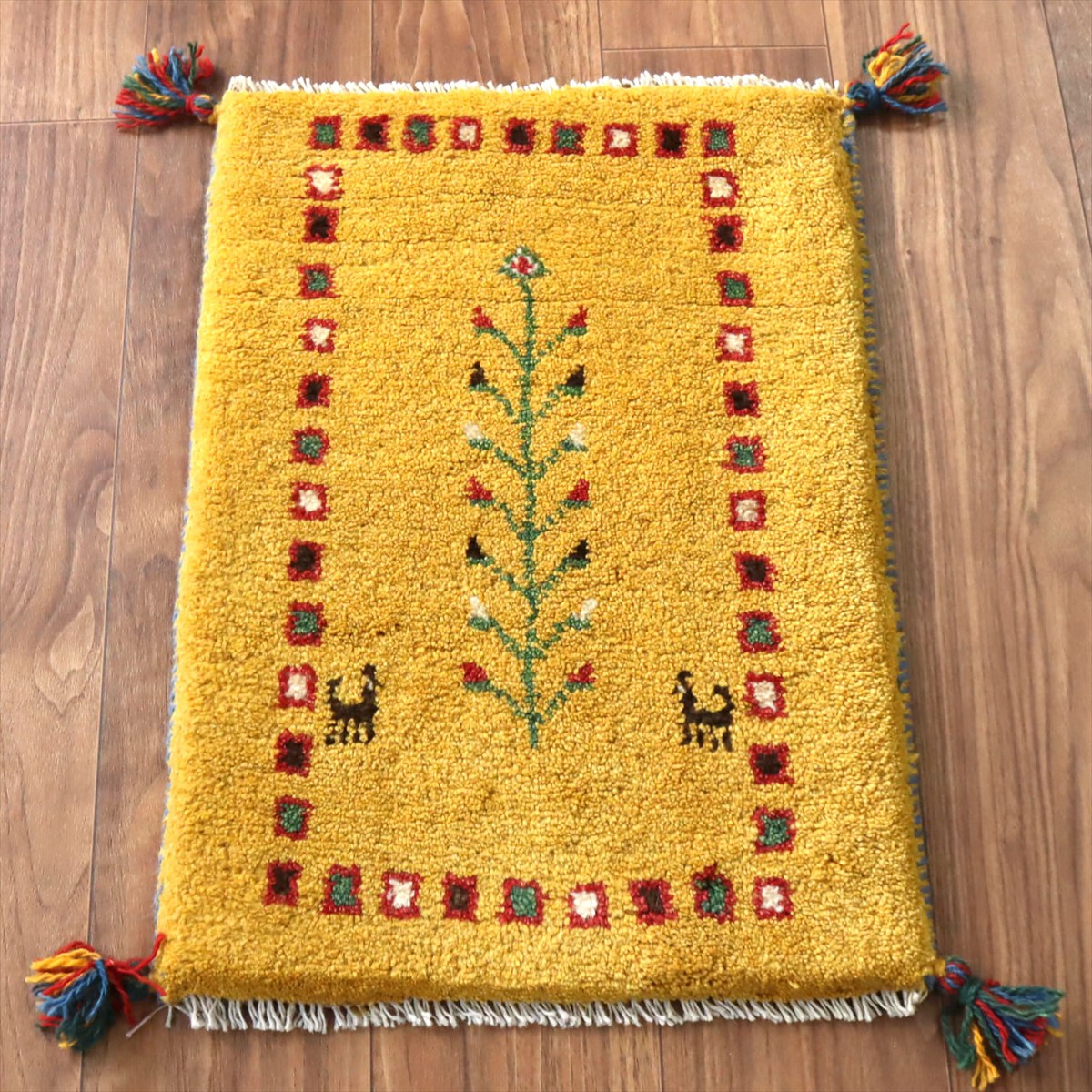 ギャッベ ミニギャベ イラン産 60×42cm イエロー 連なる生命の樹と動物